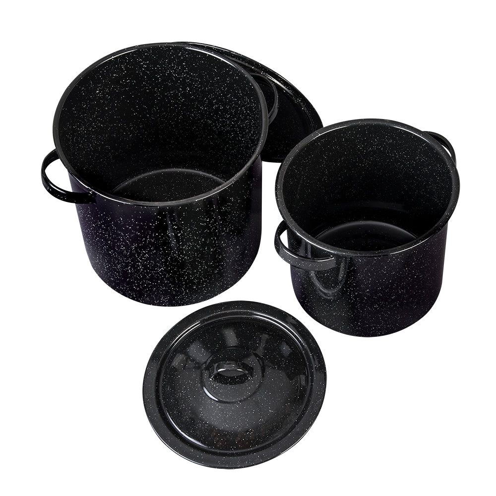 JUEGO DE OLLAS RECTAS ALTAS 22 Y 27 CON TAPA NEGRO BRILLANTE JASPEADO CINSA