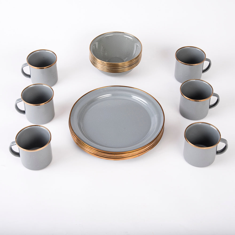 VAJILLA 18 PIEZAS NEW GREY EFECTO GRANO FINO CON ANILLO COFFEE CINSA