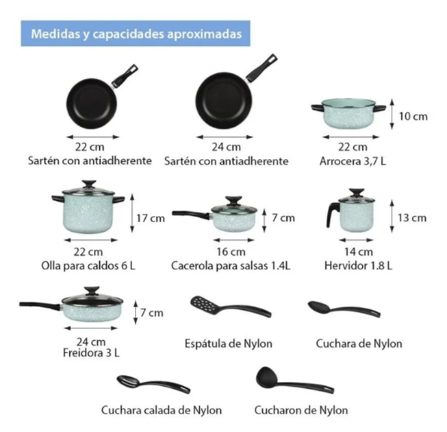 BATERIA PELTRE PESADO CINSA GRANITO JADE MENTA 15 PIEZAS