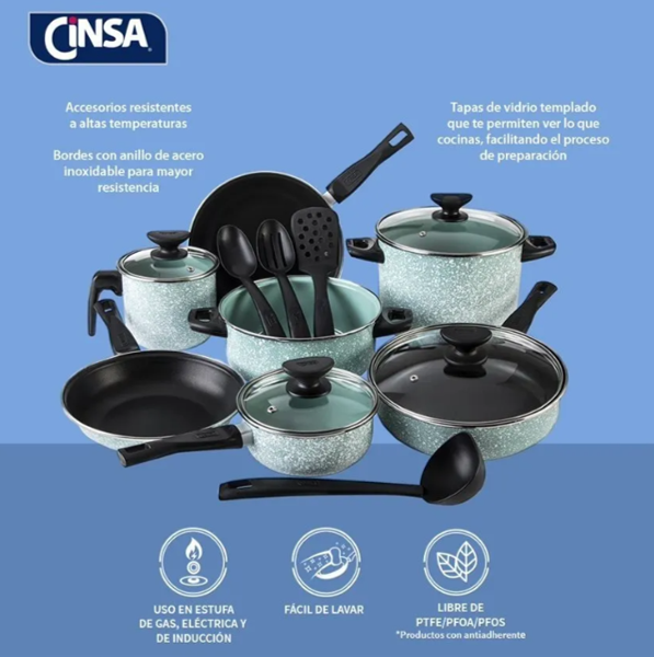 BATERIA PELTRE PESADO CINSA GRANITO JADE MENTA 15 PIEZAS