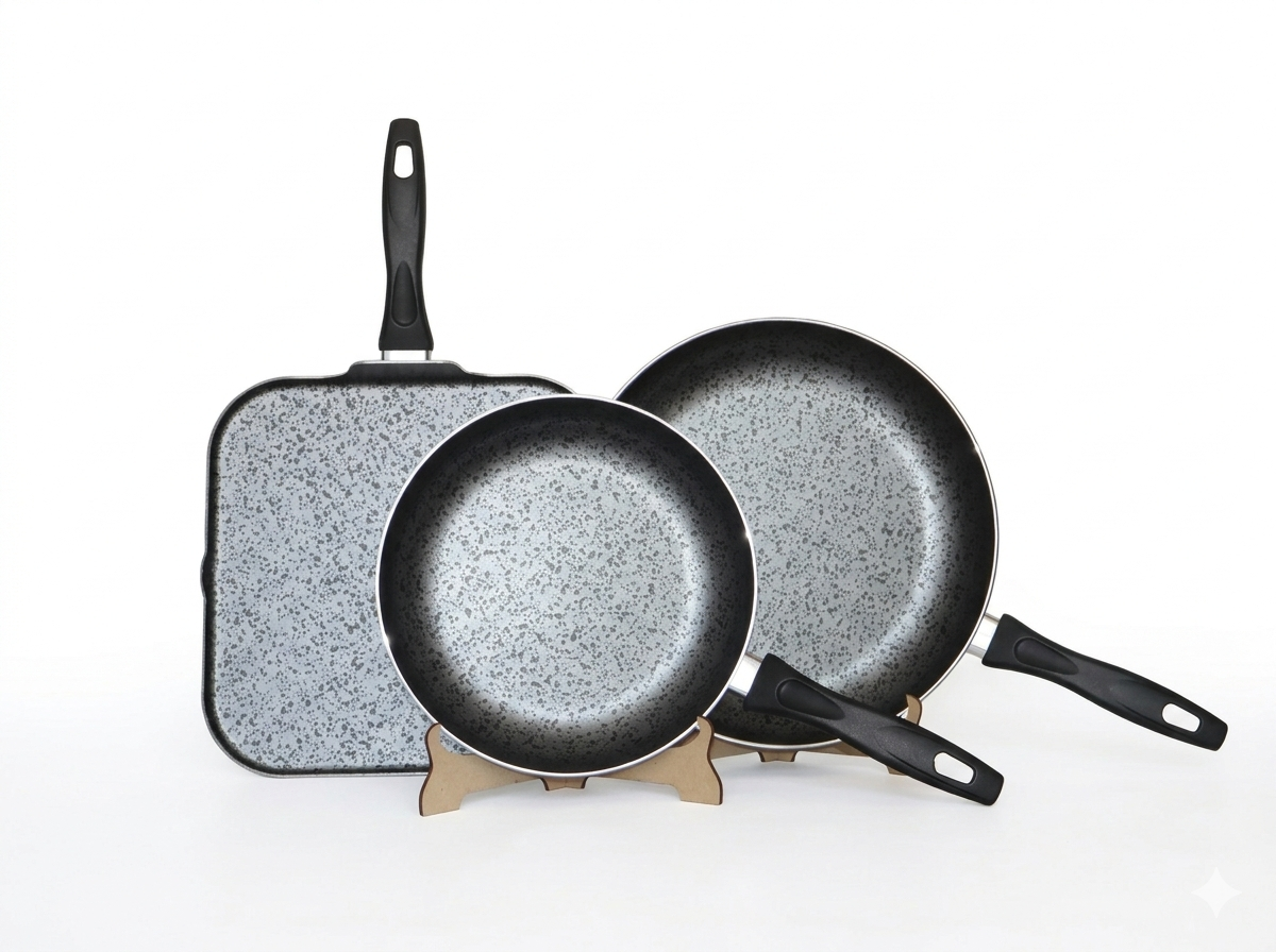 SET DE SARTENES ALUMINIO 24,30CM Y COMALETA 28CM CON BOQUILLAS VENCORT ROCA PLATA
