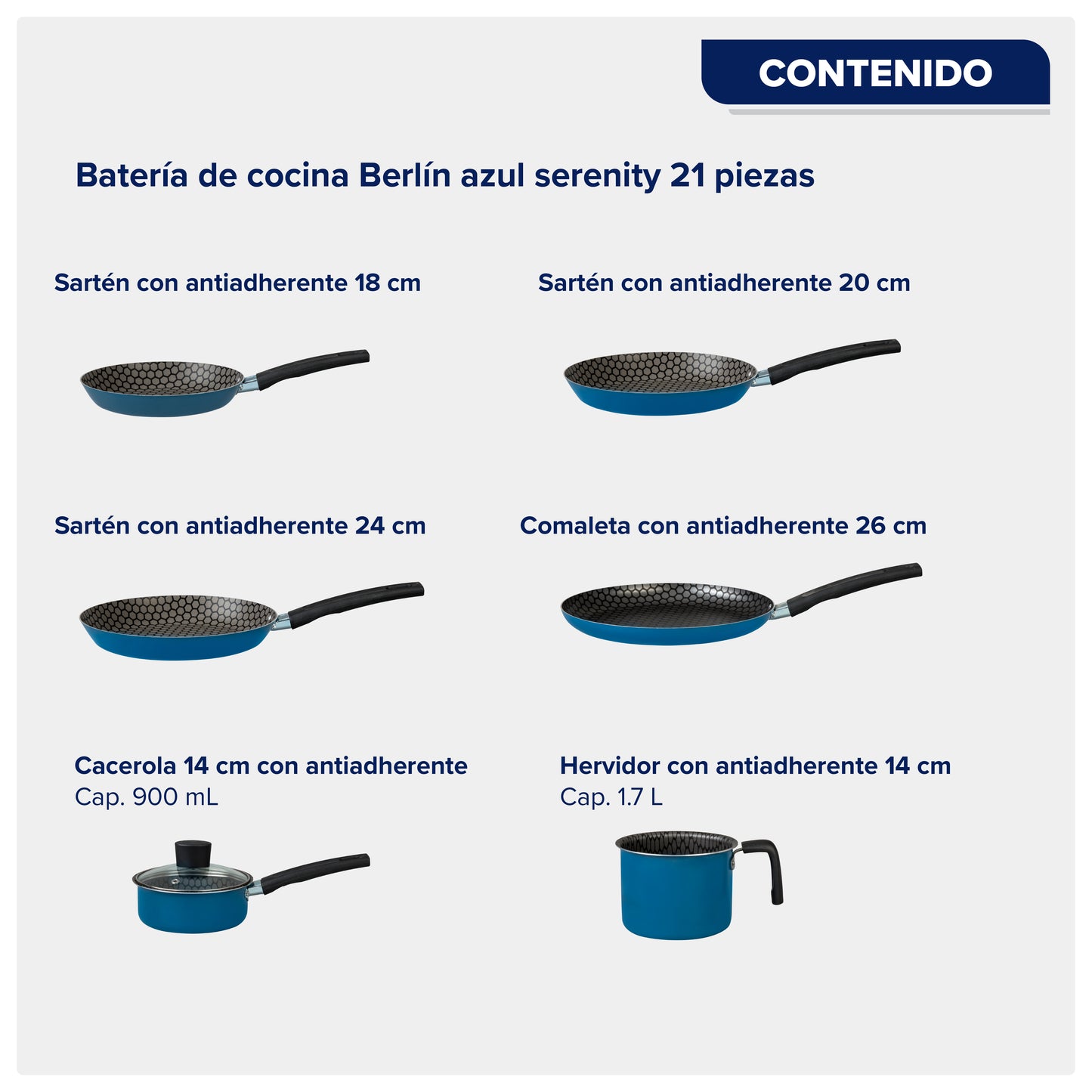 BATERIA ALUMINIO CINSA ESENCIAL BERLIN 21 PIEZAS AZUL SERENITY