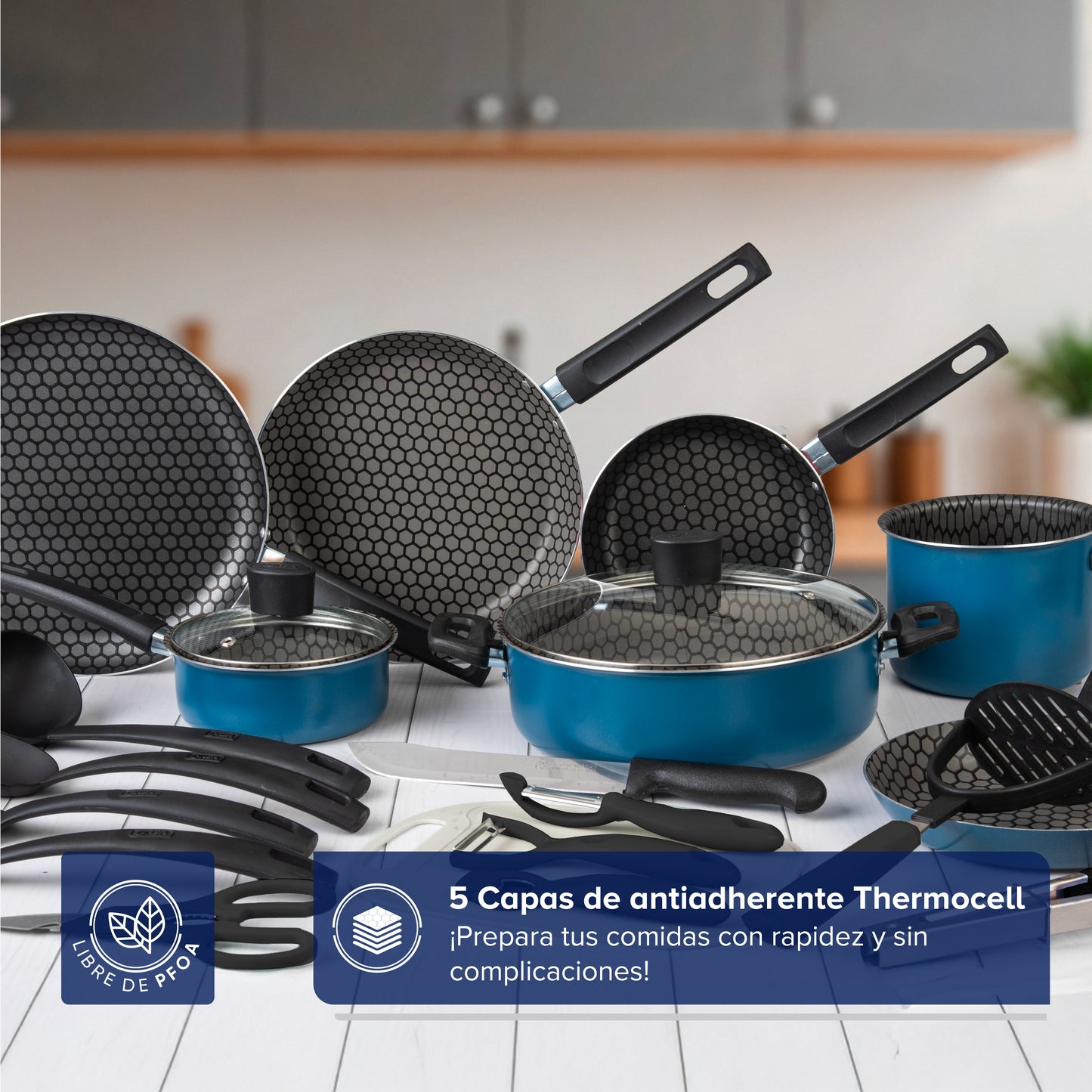 BATERIA ALUMINIO CINSA ESENCIAL BERLIN 21 PIEZAS AZUL SERENITY