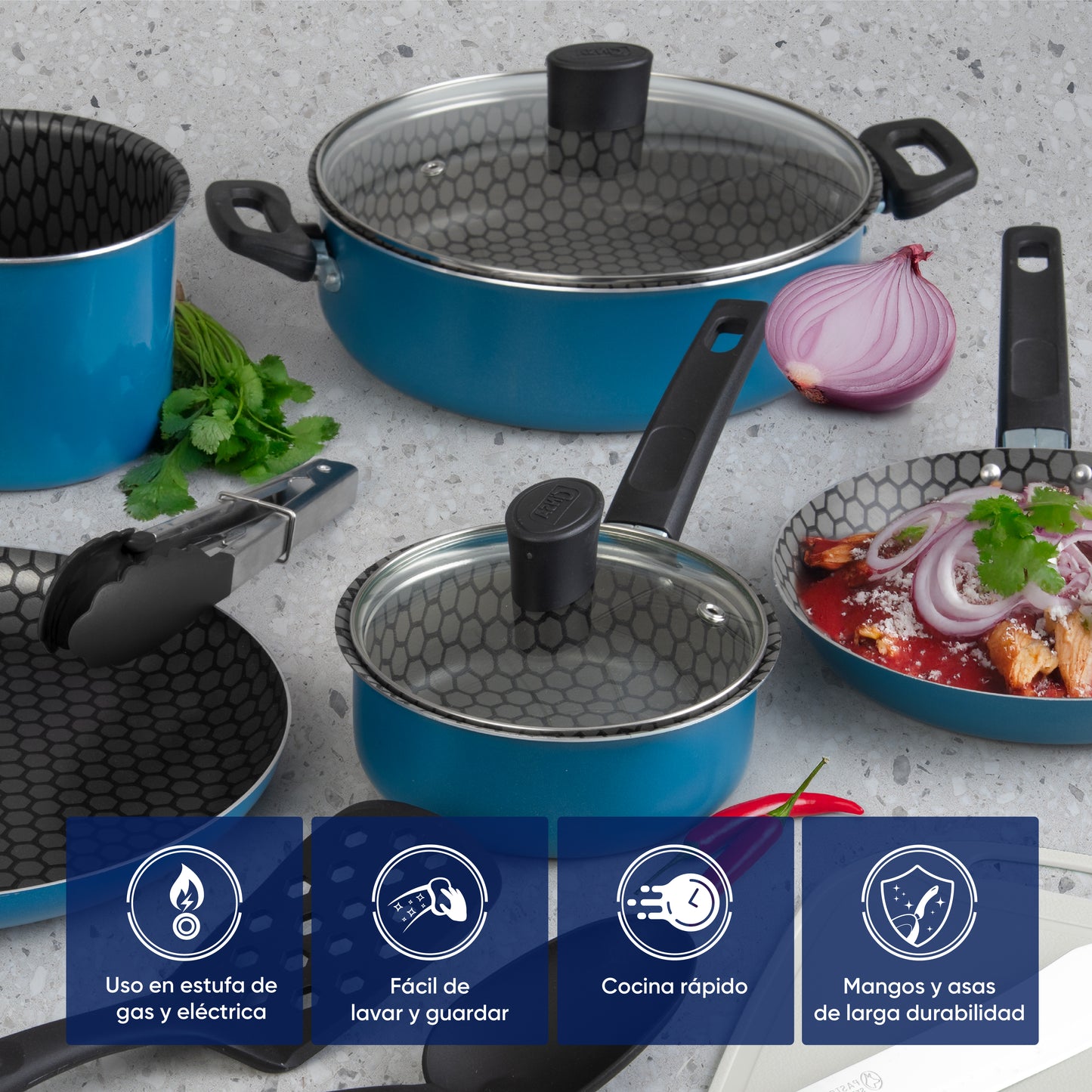 BATERIA ALUMINIO CINSA ESENCIAL BERLIN 21 PIEZAS AZUL SERENITY