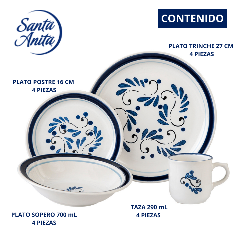 VAJILLA PORCELANA SANTA ANITA TALAVERA PUEBLA 16 PIEZAS