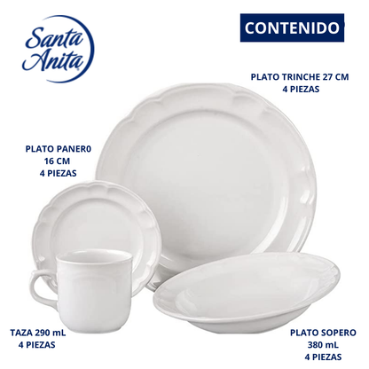 VAJILLA PORCELANA SANTA ANITA ROMANA 16 PIEZAS