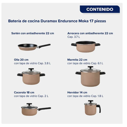 BATERIA CINSA DURAMAX MOKA ENDURANCE 16 PZ C/ANTIADHERENTE Y TAPA DE VIDRIOEC